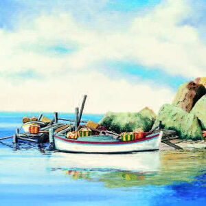 Ölbild von zwei beladenen Holzfischerbooten auf dem Meer vor blauem Himmel mit weißen Wolken und vor einem felsigen Strand, festgemacht an Holzpfählen