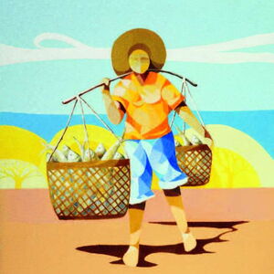Ein abstrakt gemalter Fischverkäufer mit Hut, einem orangenen Oberteil, einer kurzen, blaue Hose, das Gesicht wurde nicht gemalt, hat zwei mit fischgefüllte Körbe über den Schultern an einer Stange hängen. Der Fischer bewegt sich auf den Betrachter zu.